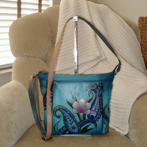 Auth. ANNA By ANUSCHKA LTD Hand Painted Floral Hobo Shoulder Crossbody Bag - Picture 1 of 7